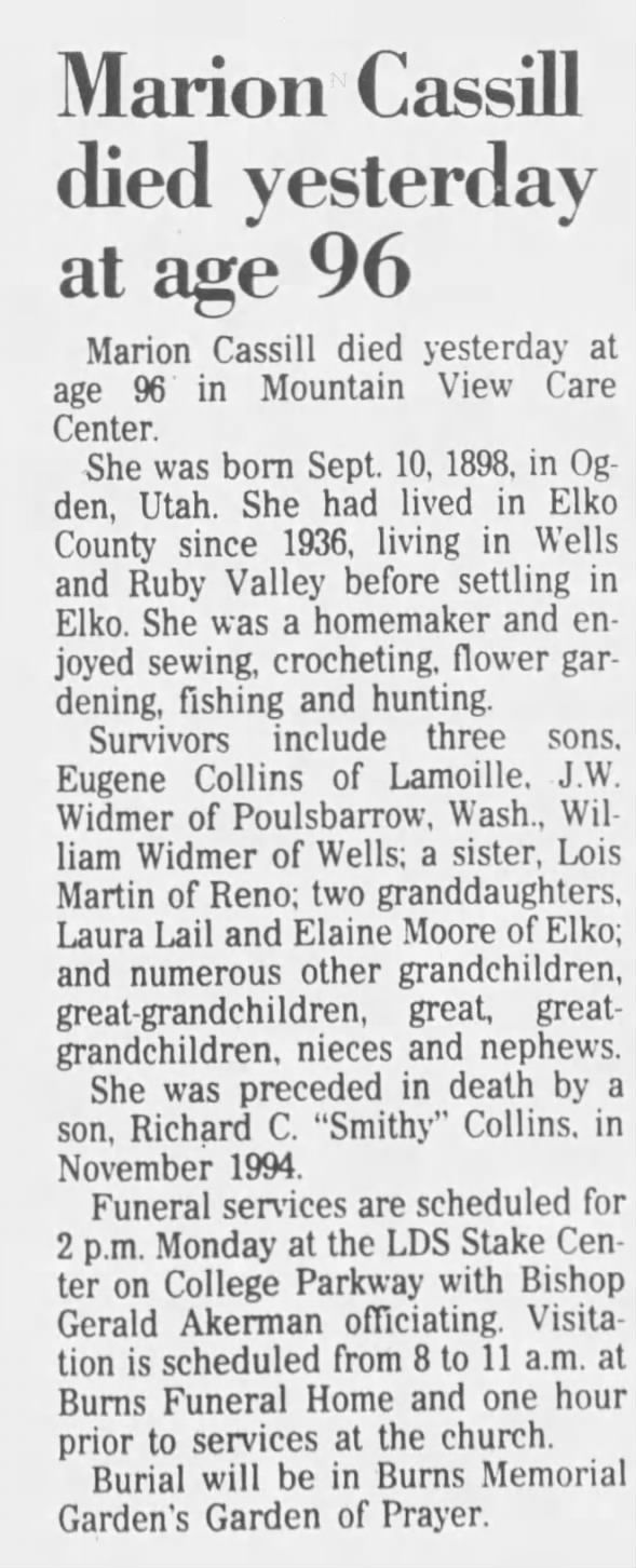 Obituary for Marion Cassill (Aged 96)